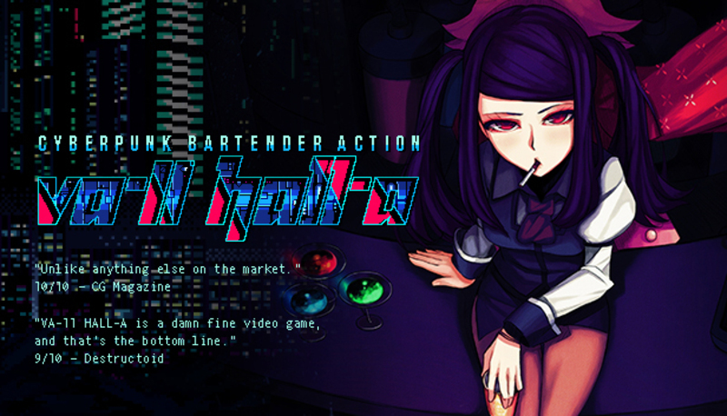 In the game, the player assumes the role of a bartender at "VA-11 Hall-A" (pronounced Valhalla), a small dive bar[6] in a dystopian downtown said to attract the "most fascinating" of clientele.[7] Set in the year 207X,[8] according to the game's official website, VA-11 Hall-A is described as a "a booze em' up about waifus, technology, and post-dystopia life", in a world where "corporations reign supreme, all human life is infected with nanomachines designed to oppress them, and the terrifying White Knights ensure that everyone obeys the laws."[